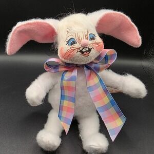 Annalee Mobilitee Dolls 2003 White Easter Bunny Rabbit Plaid Bow 8 Inch Poseable